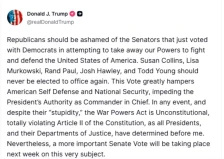 Трамп упати остри критики до сенаторите-републиканци кои гласаа за ограничување на неговите воени овластувања - Либертас