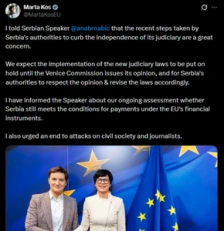 Марта Кос и ја пренесе на Брнабиќ загриженоста на ЕУ за новите судски закони усвоени од парламентот во Белград - Либертас