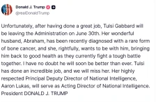 Ракот на коски на сопругот причина: Трамп потврди дека директорката на националното разузнавање на СД поднесе оставка - Либертас