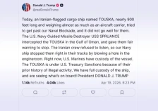 (Видео) Трамп: Американските маринци запленија ирански брод во Ормускиот теснец