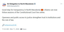 ЕУ со поддршка: Онлајн преносите од Уставниот суд ја враќаат довербата во правдата