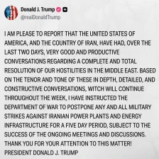 Трамп нареди петдневен прекин на нападите врз енергетскиот сектор на Иран