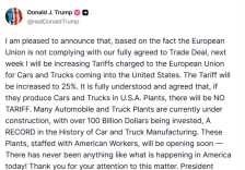 Трамп соопшти дека ќе ги зголеми царините за автомобили и камиони од ЕУ на 25 отсто | Сител Телевизија